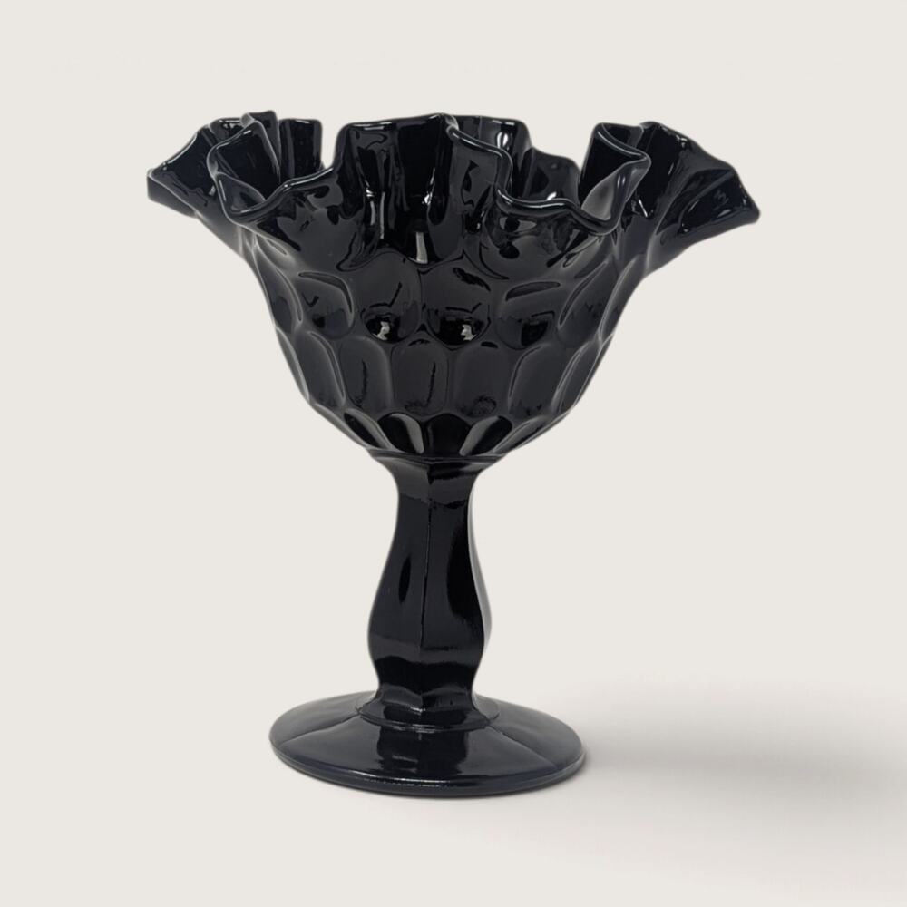 Vintage Fenton Black Glass Compote Ebony Thumbprint Ruffled Pedestal Dish